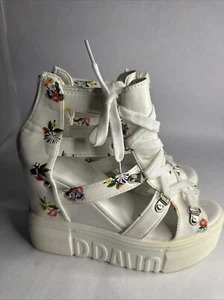 Women's Floral Print Lace Up Wedges Hippie Summer Party Cross Tie Flower Heels - Picture 1 of 6