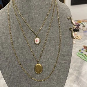 Vintage GOLDETTE signiertes Medaillon & Multi-Ketten-Halskette mit Rose Glas Tropfen & Ohrringen - Bild 1 von 7