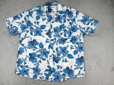 Amazon Essentials Hawaiian Shirt Men 2XL XXL White Blue Floral Cotton Hibiscus - Image 1 of 4