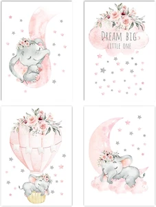 Nursery Wall Decor Set of 4 Baby Girl Room Decor Elephant 8"x10" Pink Elephant - Picture 1 of 12