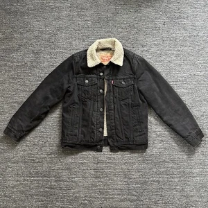 Levis Jean Jacket Youth Medium Black Sherpa Lined Trucker Denim Unisex Classic - Picture 1 of 15