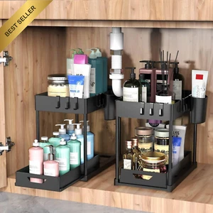 2 Pack Under Sink Organizer, 2-Tier Pull Out Shelf, Black - Picture 1 of 12
