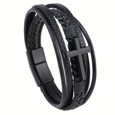Mens Black PU Leather Layered Cross Christian Braided Bracelet Wristband Bangle - Image 1 of 4