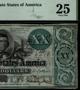 T-21 $20 1861 Confederate States Banknote Civil War Confederacy Money PMG 25 DJJ - Picture 1 of 4