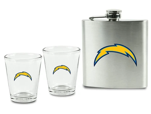 NFL Los Angeles Chargers Shot Glasses & Brushed Stainless Steel Flask Set Cover