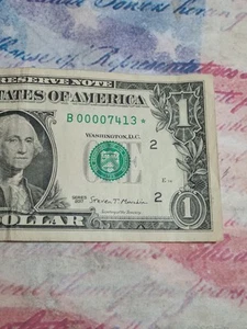 2017 $1 B NEW YORK BEP LOW SERIAL NUMBER⭐STAR NOTE 4 ZEROS IN FRONT (B00007413*) - Picture 1 of 8