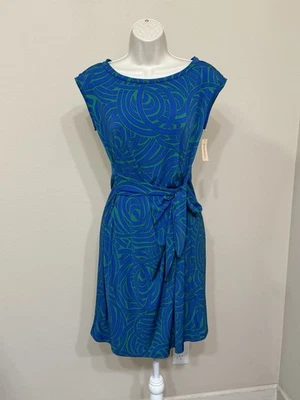 DressBarn Women’s Blue & Green Striped Cap Short Sleeve Boat Neck Short Dress 8 - Image 1 of 4