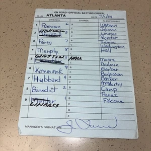 Atlanta Braves Game Used Away Lineup Card - Signed by Joe Torre 7-1-84 - Bild 1 von 4