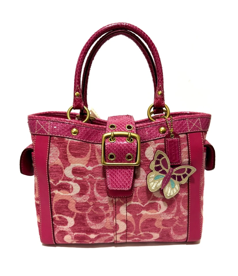 RARE Coach Ltd Ed Chenille C Python trim PINK Boxy Butterfly Tote Bag 8F52 NEW! - Image 1 of 4