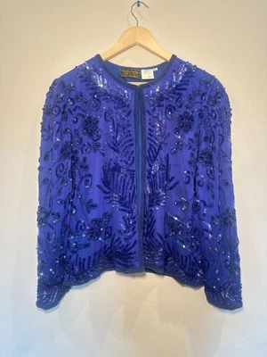 Top 100 % seda pura Creative Creations con cuentas azules, chaqueta talla M Foto 1 de 4