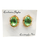 NWT Green Faceted Glass Rhinestone Earrings Clip-On Closure Gold Tone VTG