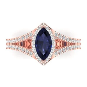 Anillo de compromiso vintage marquesa de 1,2 piezas, regalo nupcial de zafiro de oro rosa de 14 quilates - Imagen 1 de 15