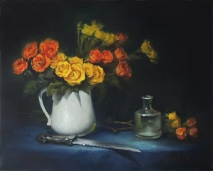 VINTAGE ORIGINAL ROSE FLOWERS IN  WHITE VASE OIL PAINTING REALISM STILL LIFE  - Bild 1 von 7