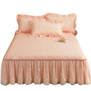 Korean Lace Cotton Bed Skirt Quilted Bedspread Queen King Size Bed Cover 3 PCS - Picture 1 of 88
