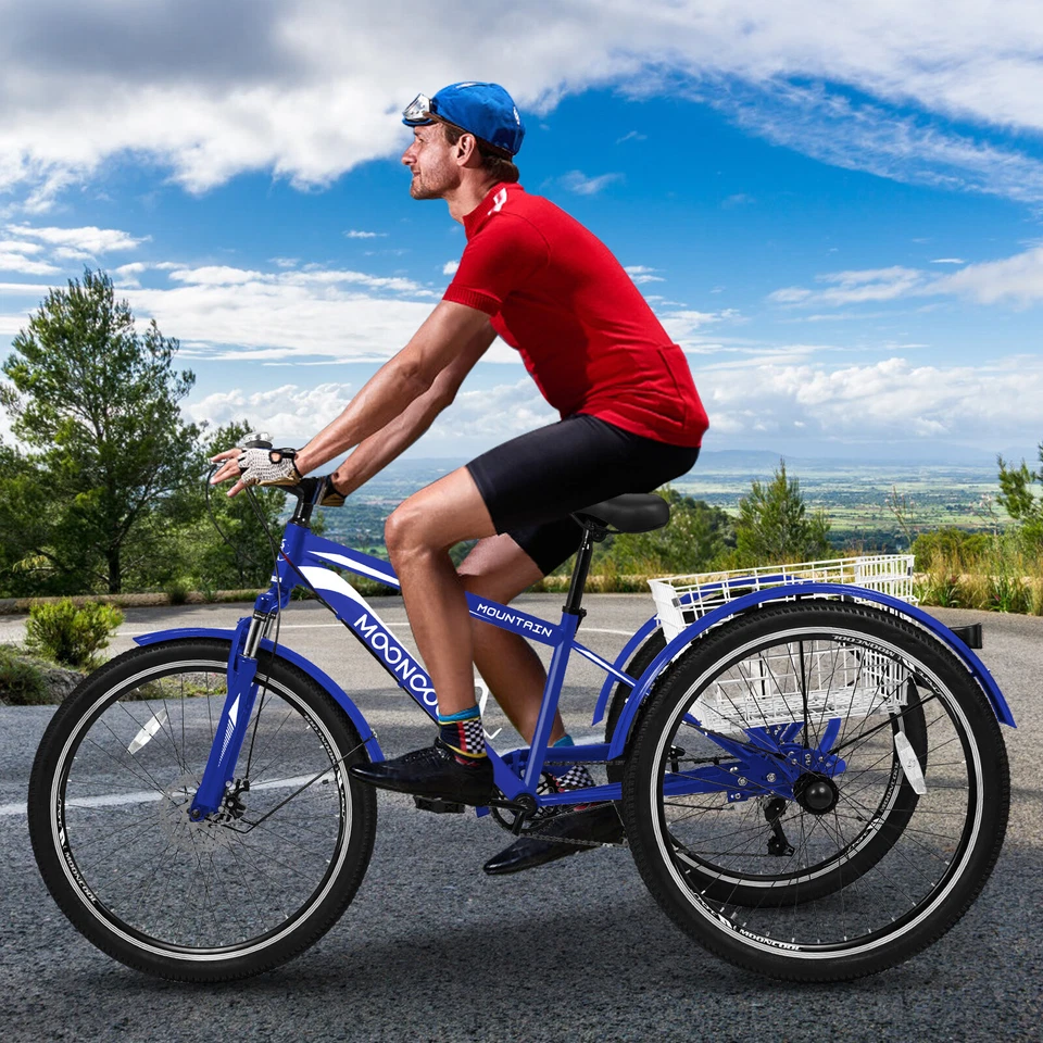 MOONCOOL Adult 24" Mountain Tricycle 7 Speed Outdoor Bike Cruiser Trike with Cargo Basket
