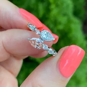2 Stone 2.02Ct Bypass Pear Pink Lab Grown Diamond Engagement Ring 14k White Gold - Picture 1 of 12