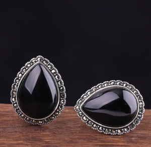 I03 Orecchini Argento 925 a Goccia Nero Agata e Marcasite - Foto 1 di 9