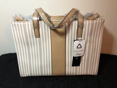 🔥Cartera Tahari Logo Cuero Vegano Rayas Arena Nueva con Etiquetas🔥 Foto 1 de 4