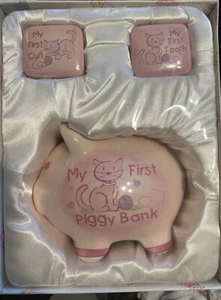 Keepsake Set For Baby Girls Ceramic Piggy bank, My 1st Curl, and My 1st tooth - Picture 1 of 5