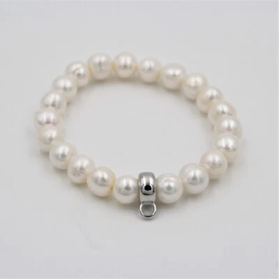 Perlen Charm-Armband, echte Süßwasserperlen, 925 Sterlingsilber mit Gummizug - Bild 1 von 4