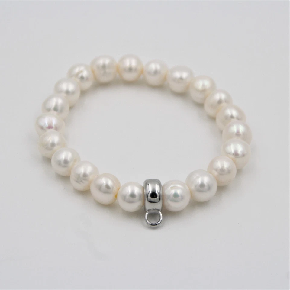 Perlen Charm-Armband, echte Süßwasserperlen, 925 Sterlingsilber mit Gummizug - Bild 1 von 4