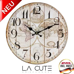 Wanduhr 28cm Ø Vintage Küchenuhr Antik Design Retro Shabby Weltkarte Leise - Bild 1 von 6