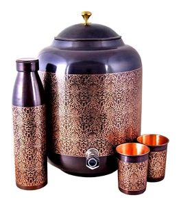 Antiker Reinkupfer Wasserspender Topf Matka mit 2 Kupfergläsern 1 Flasche - Bild 1 von 8