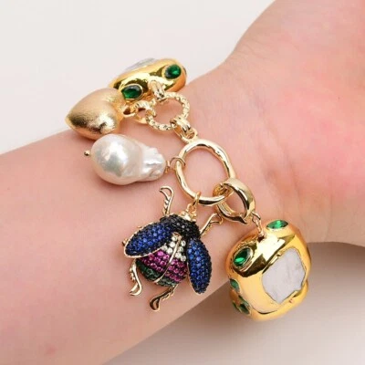 Pulsera Keshi blanca cultivada rectangular perla pavimentada cristal verde perla circonita cúbica encanto Foto 1 de 4