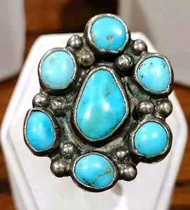 Spectacular Navajo Sterling Cluster Ring Beautiful Turquoise Nuggets Signed BIG  - Picture 1 of 16