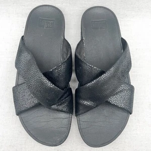 FitFlop Womens 9 Swoop Slide Sandal Shoe Black Leather Cross Strap Comfort Wedge - Picture 1 of 13