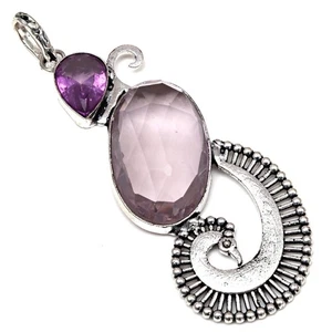 Pendant Amethyst Cheker Cut Gemstone Handmade Silver Jewelry 3" - Picture 1 of 7