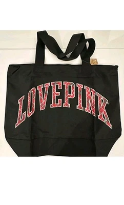 全新带标签 Victoria's Secret 粉色托特包 健身包 黑色格子标志 大号 海滩拉链闭合 — 第 1/2 张图片