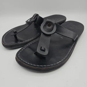 Kamel Jerusalem Black Sandals Leather Upper Size 41 Thong Toe Post with Loop - Picture 1 of 13