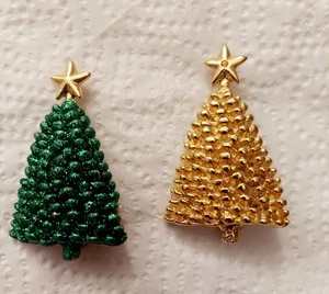 Lot Of 2 Christmas Tree with Stars 1 Gold Tone & 1 Green Brooch Pins 2 1/8" - Picture 1 of 3
