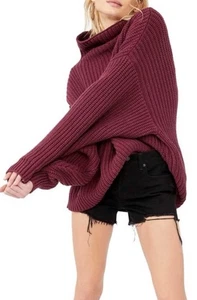FREE PEOPLE Swim Too Deep Oversized Turtleneck Sweater Women S Chunky Knit Red - Picture 1 of 16