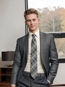 SHLAX&WING Mens Necktie Checked Solid Grey Silk Hademade Jacquard Woven - Bild 1 von 14