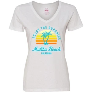 Inktastic Summer Enjoy The Sunshine Malibu Beach Women's V-Neck T-Shirt Paradise - Picture 1 of 4