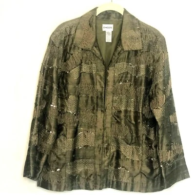 Chico's Womens Jacket Medium Chico's Size 1 Gold Embellished Textured Silk Blend - Image 1 of 4