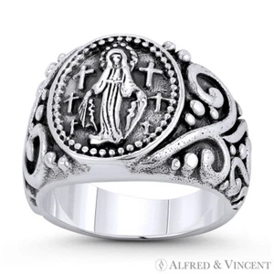 Mother Mary Cross Charm Filigree 5-15mm 925 Sterling Silver Catholic Signet Ring - Picture 1 of 1