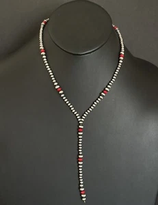 Sterling Silver Red Coral W Pearls Bead Lariat Y Necklace. 26 inch - Picture 1 of 12