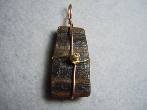 Fossil Quartz Petrified Wood Copper Gold Wire Wrap Pendant - Kansas  87 Carats - Bild 1 von 12