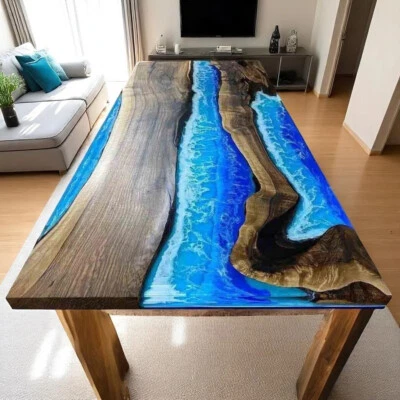 48"x30" Blue Ocean Epoxy Resin Dining Table River Countertop Live Edge Table Dec - Image 1 of 4