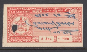 India, Ajaigarh State, K&M 104 used. 8a carmine Court Fee revenue, punch cancel - Picture 1 of 1