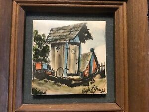 Vintage 1978 Clyde E. Gray Hand Painted Tile, “Outhouse” 2”x2” tile w/wood frame