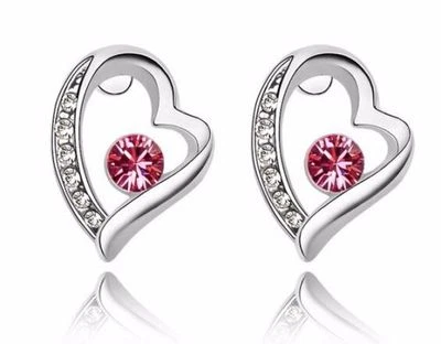 Pretty White Gold Filled Round Pink Crystal / CZ Heart Shape Post Stud Earrings - Image 1 of 2