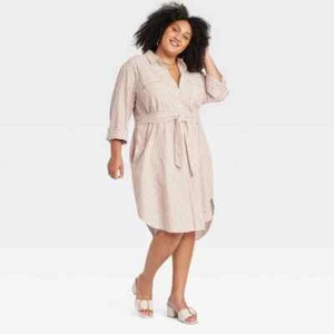 Ava & Viv Women's Long Sleeve Midi Shirtdress Brown Striped 4X - Picture 1 of 2