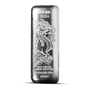 100 Gram Scottsdale Lunar Dragon Silver Bar - Picture 1 of 2