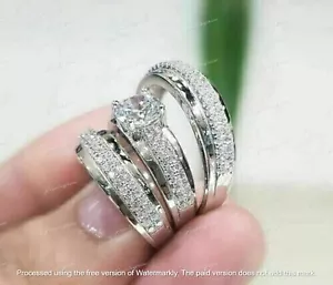 2Ct Round Cut Lab Created Diamond His & Her Trio Ring Set 14K White Gold Plated - Picture 1 of 5