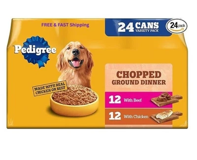 Pedigree Chopped Ground Dinner Wet Dog Food, Chicken & Beef Variety Pack, 24 Can