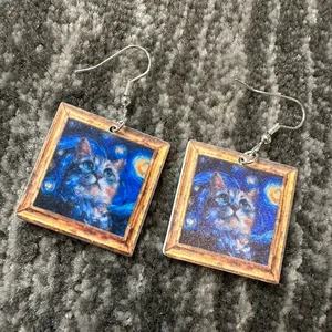 Cat Earrings Dangle Drop Starry Night Van Gogh Kitty Painting Cat Lady Gift New - Picture 1 of 6